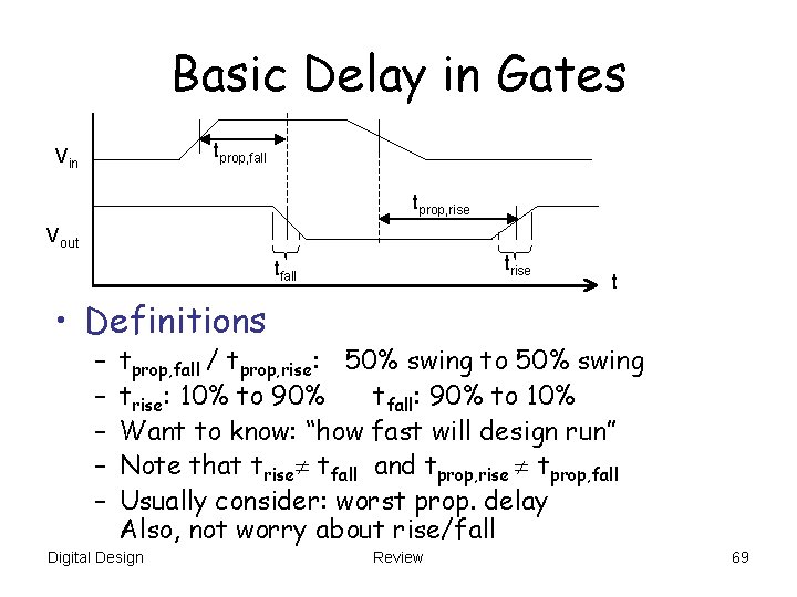 Basic Delay in Gates tprop, fall Vin tprop, rise Vout trise tfall t • Basic Delay in Gates tprop, fall Vin tprop, rise Vout trise tfall t •