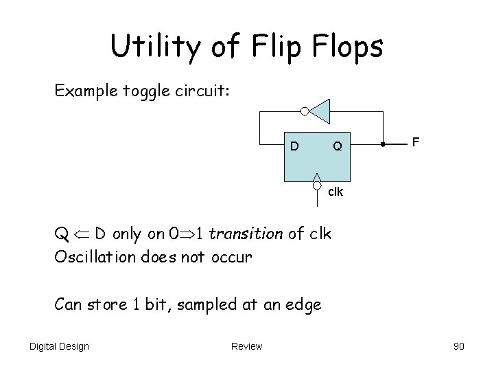 Utility of Flip Flops Example toggle circuit: D Q F clk Q D only