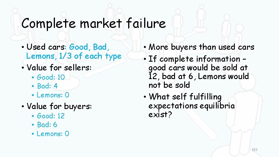 Complete market failure • Used cars: Good, Bad, Lemons, 1/3 of each type •