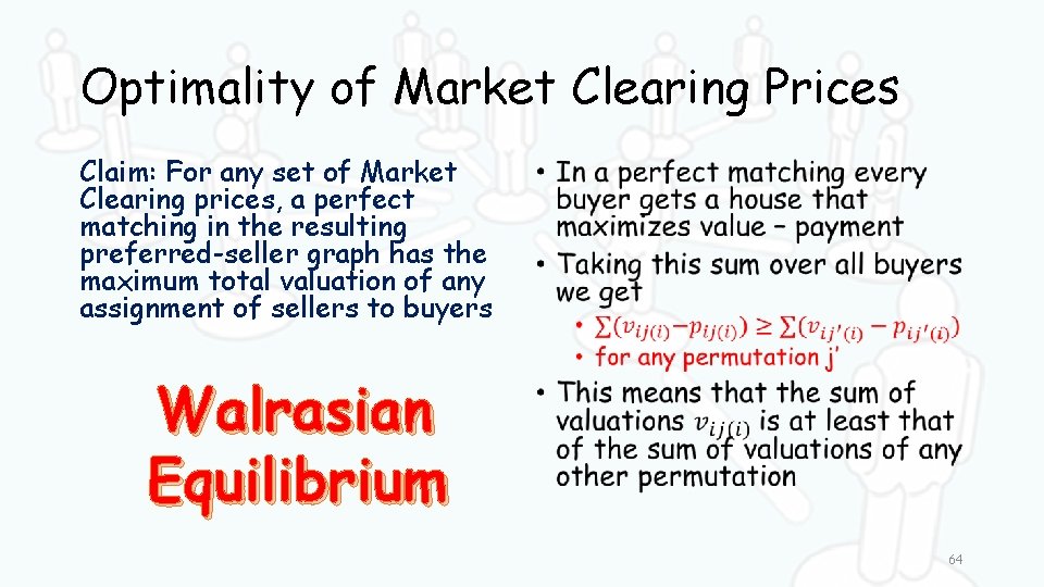 Optimality of Market Clearing Prices Claim: For any set of Market Clearing prices, a