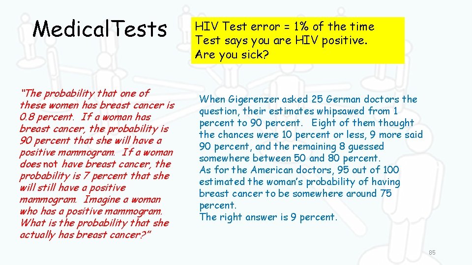 Medical. Tests “The probability that one of these women has breast cancer is 0.