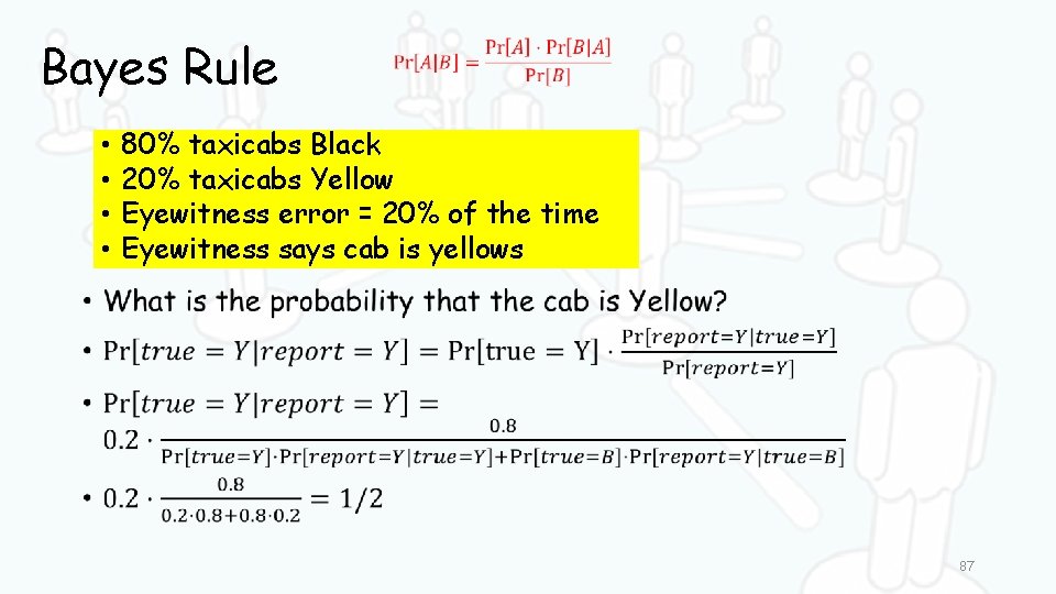 Bayes Rule • • 80% taxicabs Black 20% taxicabs Yellow Eyewitness error = 20%