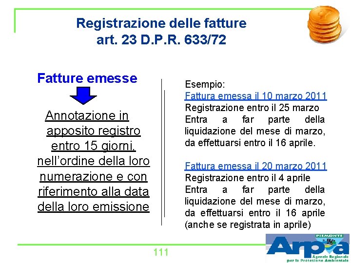 Registrazione delle fatture art. 23 D. P. R. 633/72 Fatture emesse Esempio: Fattura emessa