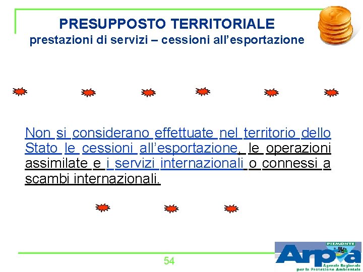 PRESUPPOSTO TERRITORIALE prestazioni di servizi – cessioni all’esportazione Non si considerano effettuate nel territorio