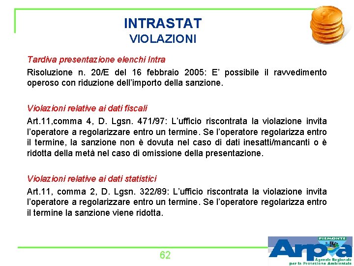 INTRASTAT VIOLAZIONI Tardiva presentazione elenchi Intra Risoluzione n. 20/E del 16 febbraio 2005: E’