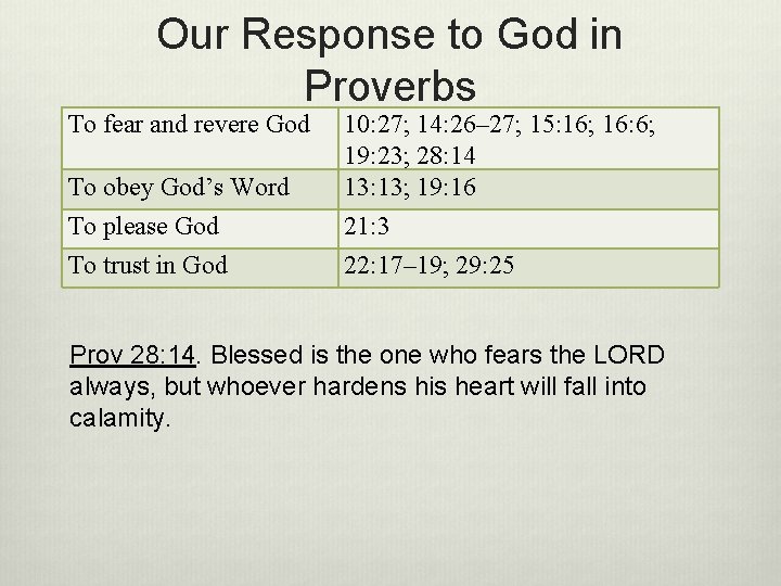 Our Response to God in Proverbs To fear and revere God To obey God’s