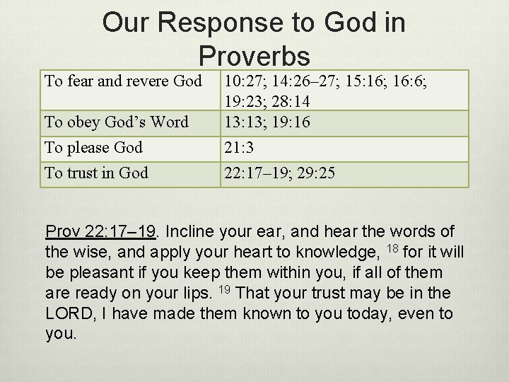 Our Response to God in Proverbs To fear and revere God To obey God’s