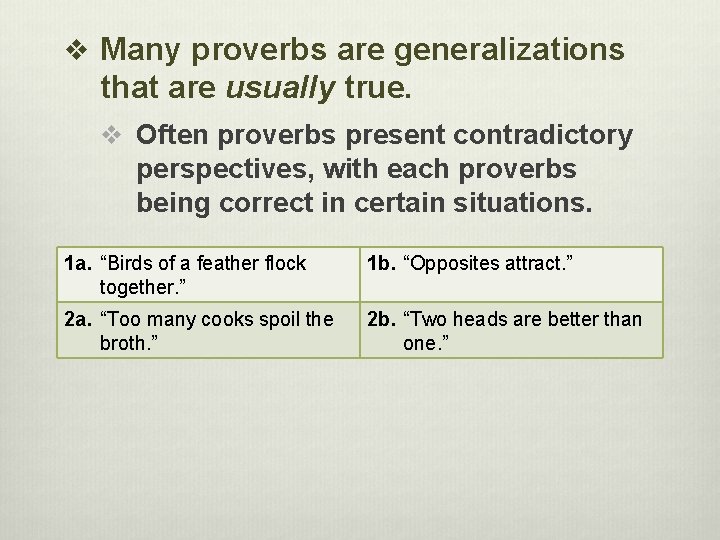 v Many proverbs are generalizations that are usually true. v Often proverbs present contradictory