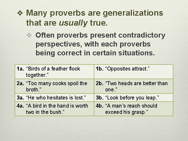 v Many proverbs are generalizations that are usually true. v Often proverbs present contradictory