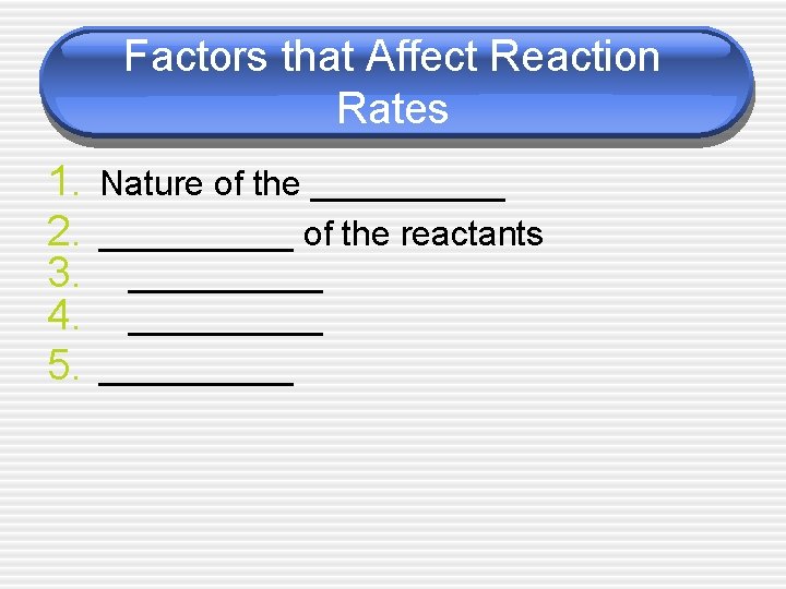 Factors that Affect Reaction Rates 1. Nature of the _____ 2. _____ of the