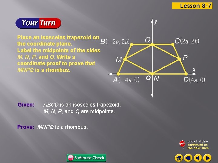 Place an isosceles trapezoid on the coordinate plane. Label the midpoints of the sides