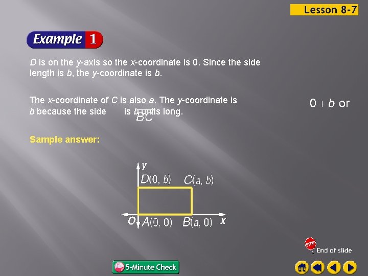 D is on the y-axis so the x-coordinate is 0. Since the side length