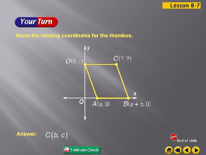 Name the missing coordinates for the rhombus. Answer: 