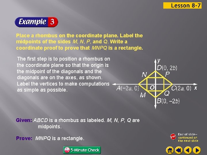 Place a rhombus on the coordinate plane. Label the midpoints of the sides M,