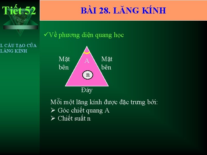 Tiết 52 BÀI 28. LĂNG KÍNH üVề phương diện quang học I. CẤU TẠO