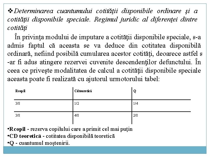 v. Determinarea cuantumului cotităţii disponibile ordinare şi a cotităţii disponibile speciale. Regimul juridic al v. Determinarea cuantumului cotităţii disponibile ordinare şi a cotităţii disponibile speciale. Regimul juridic al