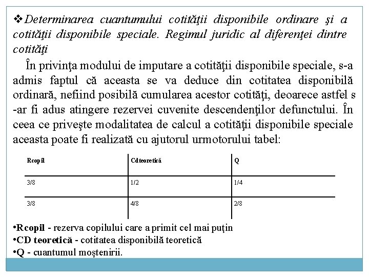 v. Determinarea cuantumului cotităţii disponibile ordinare şi a cotităţii disponibile speciale. Regimul juridic al