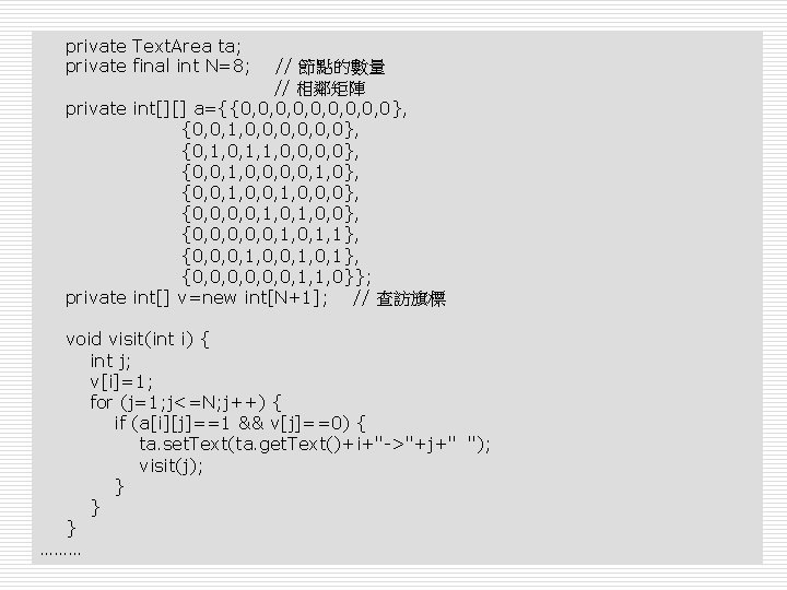 private Text. Area ta; private final int N=8; // 節點的數量 // 相鄰矩陣 private int[][]