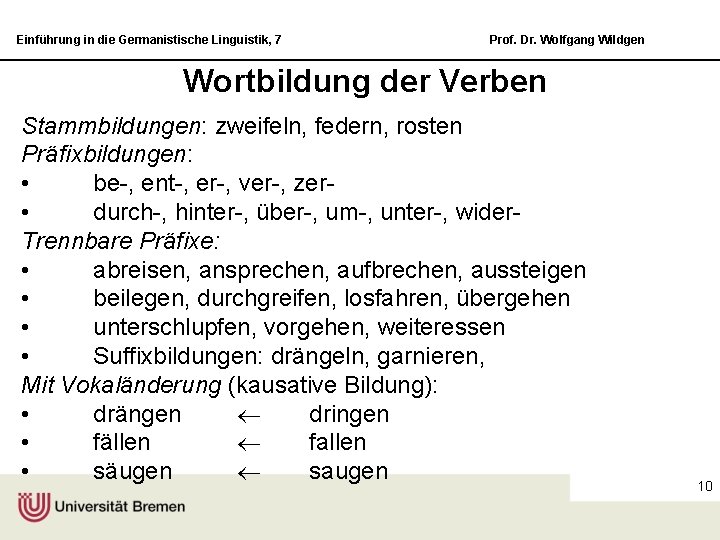 Einführung in die Germanistische Linguistik, 7 Prof. Dr. Wolfgang Wildgen Wortbildung der Verben Stammbildungen: