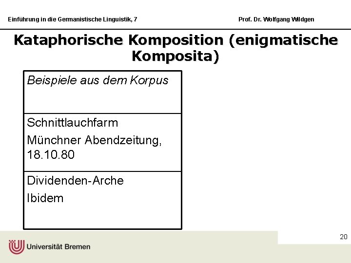 Einführung in die Germanistische Linguistik, 7 Prof. Dr. Wolfgang Wildgen Kataphorische Komposition (enigmatische Komposita)