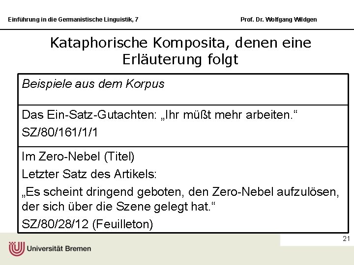 Einführung in die Germanistische Linguistik, 7 Prof. Dr. Wolfgang Wildgen Kataphorische Komposita, denen eine