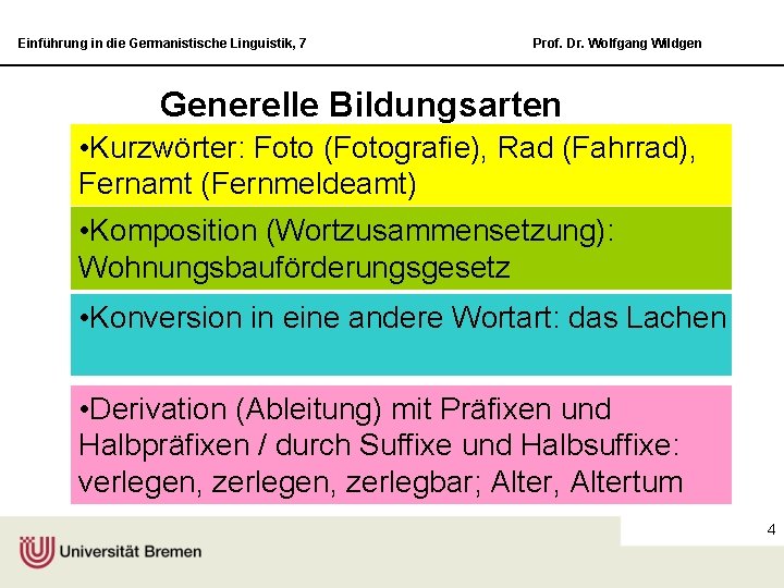 Einführung in die Germanistische Linguistik, 7 Prof. Dr. Wolfgang Wildgen Generelle Bildungsarten • Kurzwörter: