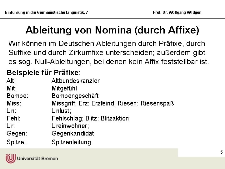 Einführung in die Germanistische Linguistik, 7 Prof. Dr. Wolfgang Wildgen Ableitung von Nomina (durch