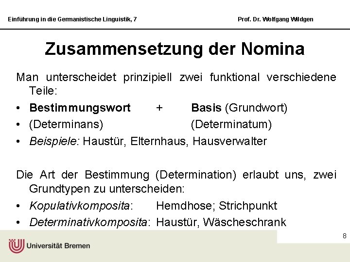 Einführung in die Germanistische Linguistik, 7 Prof. Dr. Wolfgang Wildgen Zusammensetzung der Nomina Man