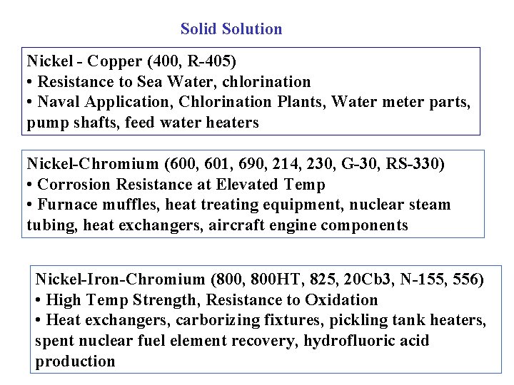 Solid Solution Nickel - Copper (400, R-405) • Resistance to Sea Water, chlorination •