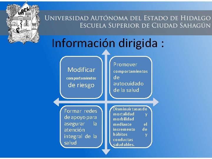 Información dirigida : Modificar comportamientos de riesgo Formar redes de apoyo para asegurar la