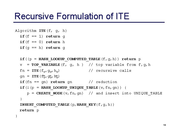 Recursive Formulation of ITE Algorithm if(f == if(g == ITE(f, g, 1) return 0)
