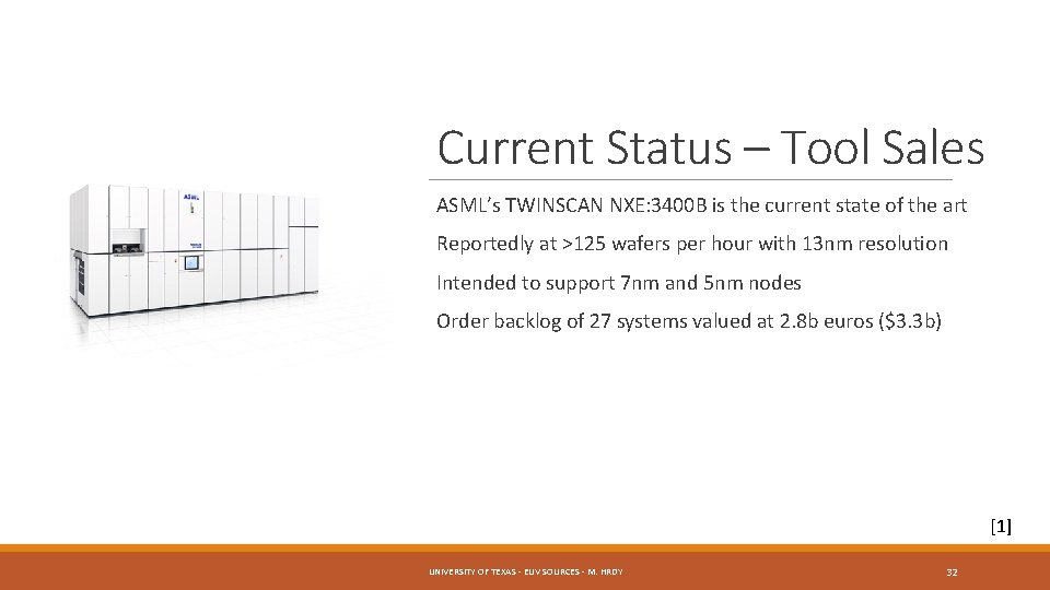 Current Status – Tool Sales ASML’s TWINSCAN NXE: 3400 B is the current state