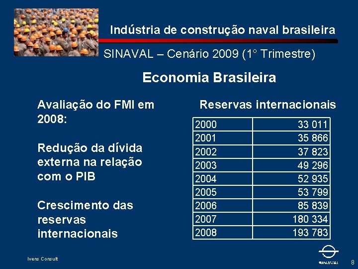 Indústria de construção naval brasileira SINAVAL – Cenário 2009 (1° Trimestre) Economia Brasileira Avaliação