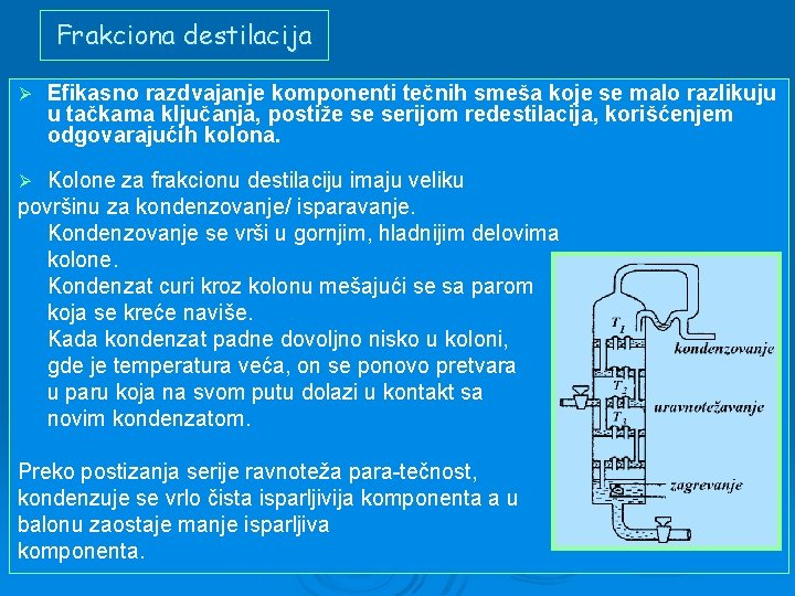 Frakciona destilacija Ø Efikasno razdvajanje komponenti tečnih smeša koje se malo razlikuju u tačkama