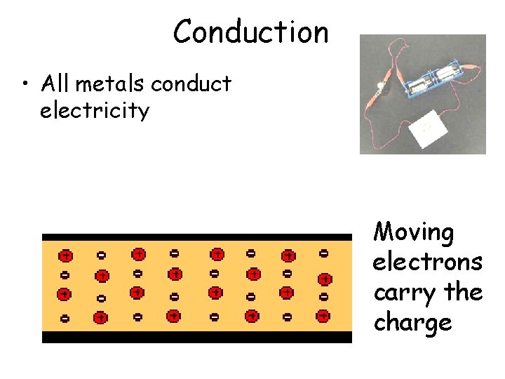Conduction • All metals conduct electricity Moving electrons carry the charge 