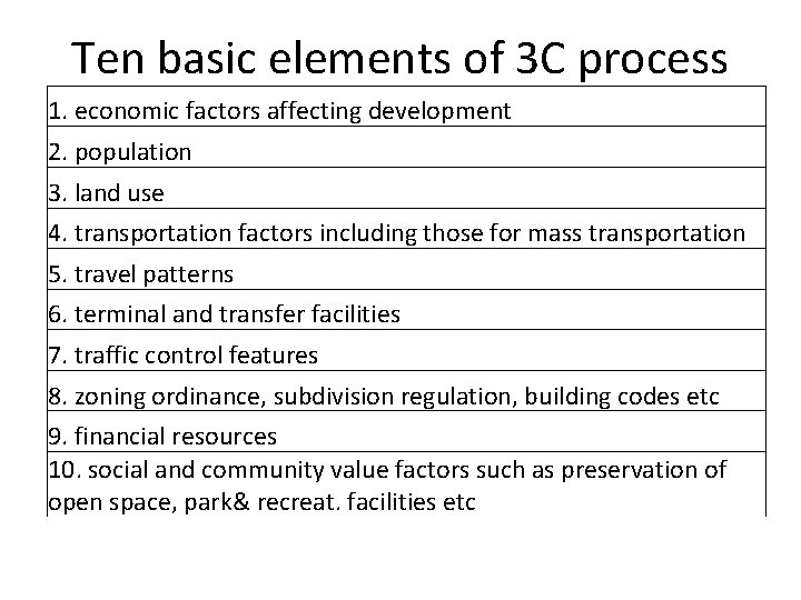 Ten basic elements of 3 C process 1. economic factors affecting development 2. population