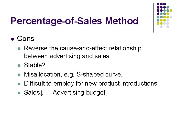Percentage-of-Sales Method l Cons l l l Reverse the cause-and-effect relationship between advertising and