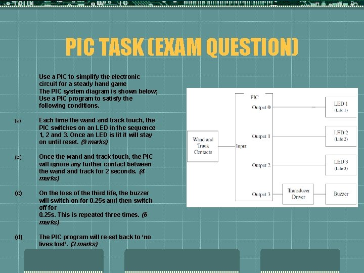 PIC TASK (EXAM QUESTION) Use a PIC to simplify the electronic circuit for a