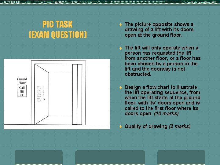PIC TASK (EXAM QUESTION) t The picture opposite shows a drawing of a lift PIC TASK (EXAM QUESTION) t The picture opposite shows a drawing of a lift