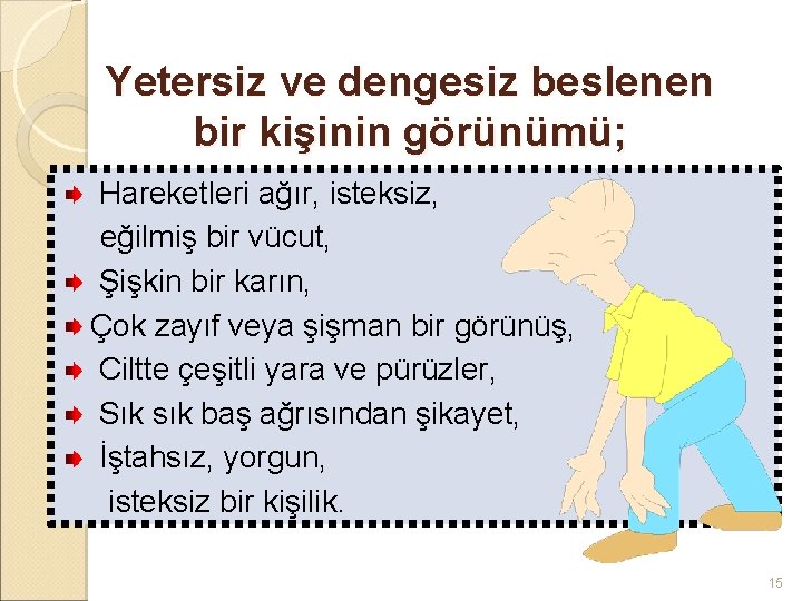 Yetersiz ve dengesiz beslenen bir kişinin görünümü; Hareketleri ağır, isteksiz, eğilmiş bir vücut, Şişkin