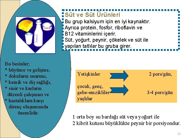 Süt ve Süt Ürünleri Bu grup kalsiyum için en iyi kaynaktır. Ayrıca protein, fosfor,