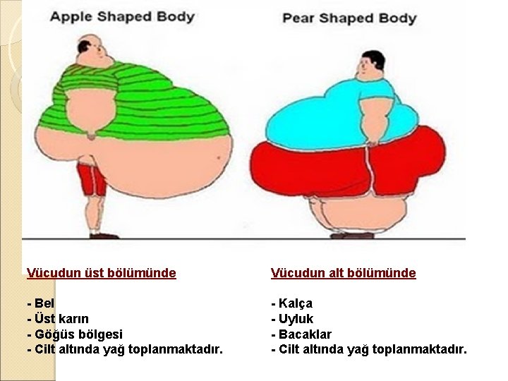 Armut Tip Obezite Elma Tip Obezite Vücudun üst bölümünde Vücudun alt bölümünde - Bel