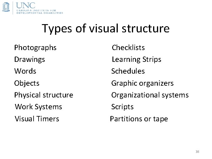 Types of visual structure Photographs Drawings Words Objects Physical structure Work Systems Visual Timers