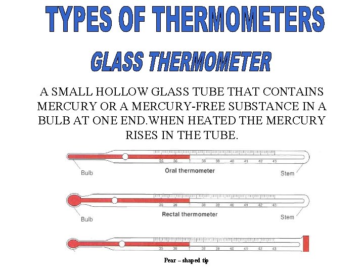 A SMALL HOLLOW GLASS TUBE THAT CONTAINS MERCURY OR A MERCURY-FREE SUBSTANCE IN A