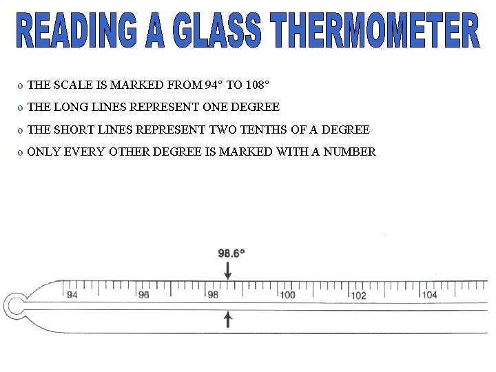 o THE SCALE IS MARKED FROM 94° TO 108° o THE LONG LINES REPRESENT