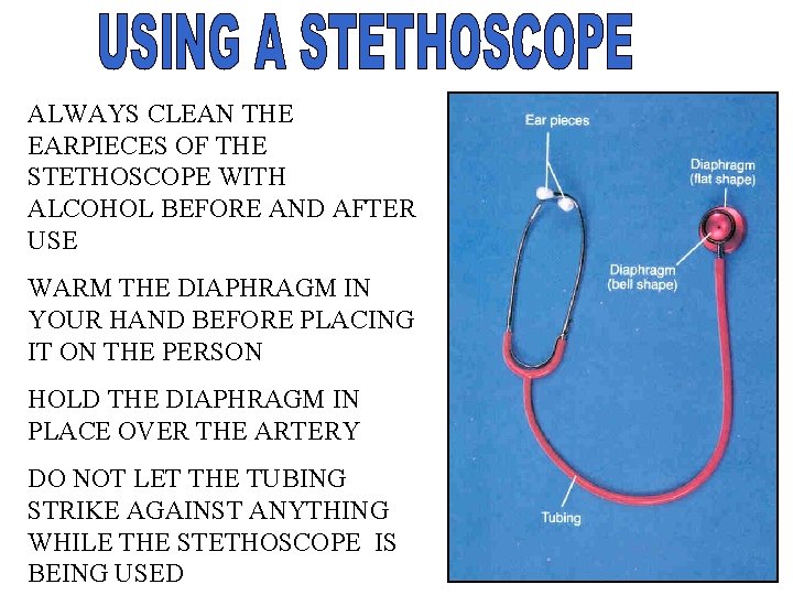 ALWAYS CLEAN THE EARPIECES OF THE STETHOSCOPE WITH ALCOHOL BEFORE AND AFTER USE WARM