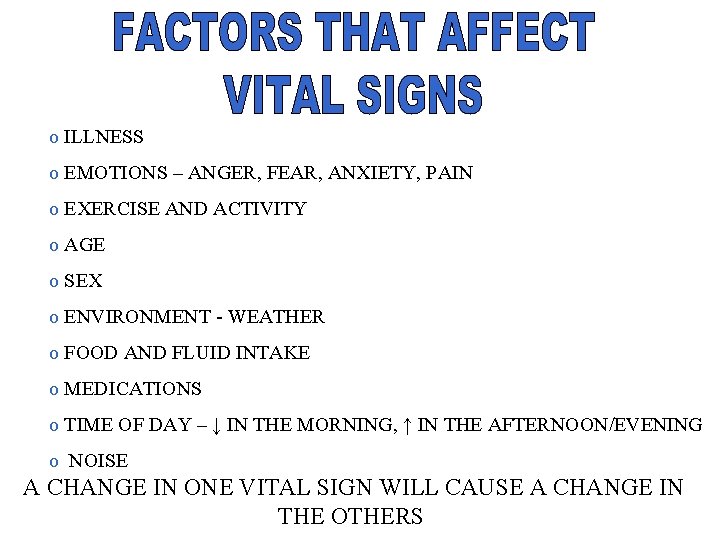 o ILLNESS o EMOTIONS – ANGER, FEAR, ANXIETY, PAIN o EXERCISE AND ACTIVITY o