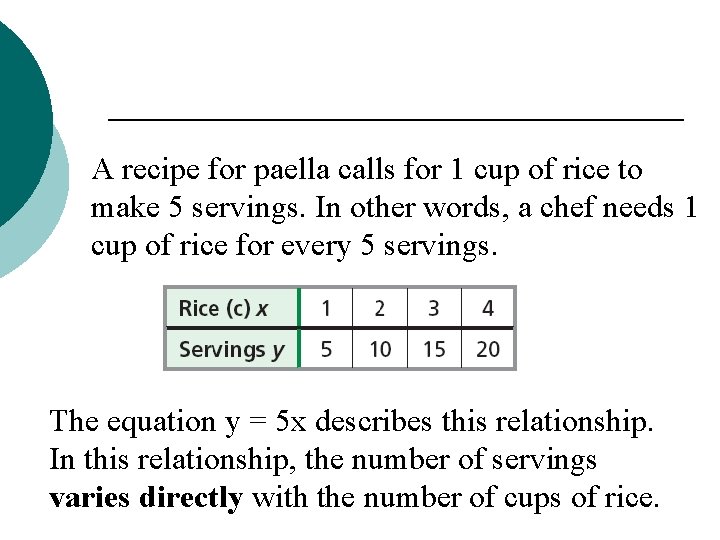 A recipe for paella calls for 1 cup of rice to make 5 servings.