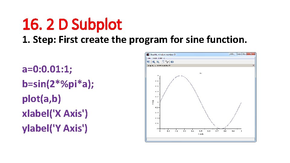 16. 2 D Subplot 1. Step: First create the program for sine function. a=0: