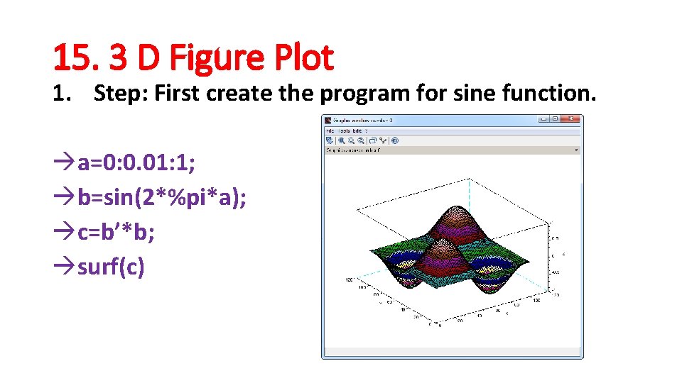 15. 3 D Figure Plot 1. Step: First create the program for sine function.